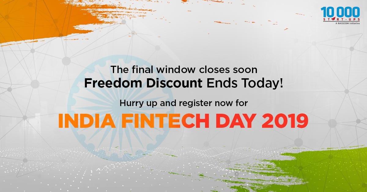 nasscomstartups's tweet photo. Register for #IFD2019 before 12 AM today to avail the #FreedomDiscount and enter India's biggest Fintech event of the year. Hurry! https://t.co/HNi9DAaDTO
#LastDay #OfferEndsToday #discount #discountoffer https://t.co/2XwzdnDPLa