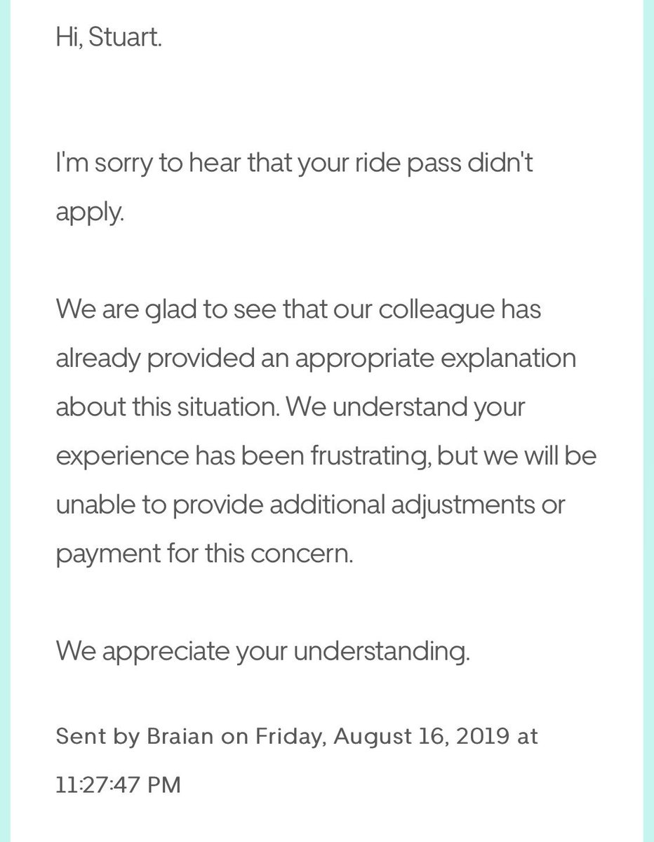 StuartMurless's tweet photo. @Uber @Uber_Support  it's poor form to sell someone a Ride Pass with free Jump rides in Seattle, provide free rides for half the month and then stop &amp; brush off their support request #uberscam https://t.co/Se0M0iWmZQ