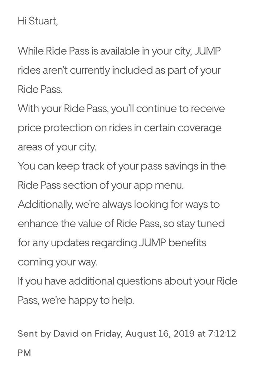 StuartMurless's tweet photo. @Uber @Uber_Support  it's poor form to sell someone a Ride Pass with free Jump rides in Seattle, provide free rides for half the month and then stop &amp; brush off their support request #uberscam https://t.co/Se0M0iWmZQ