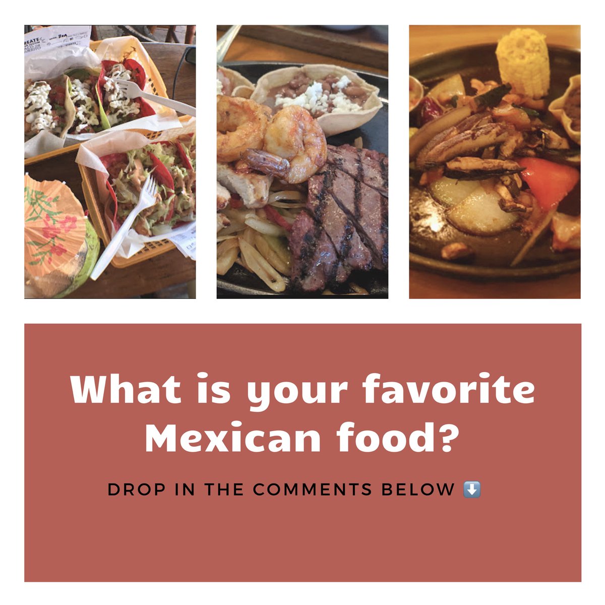 MoVacations's tweet photo. What is your favorite Mexican food? ¿Cuál es tu comida mexicana favorita? Comment below⬇️ Comenta abajo https://t.co/LRnodSiRYx