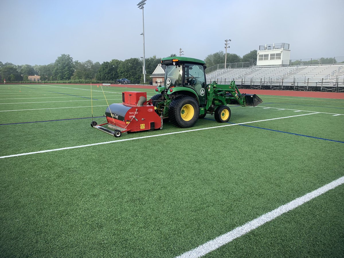 BPolimer's tweet photo. Deep cleaning our 2 synthetics before the start of fall sports. Rotating broom, vacuum and magnet. Removing all the nasty stuff in the carpet. #notmaintenancefree #sportsturf https://t.co/Wu4G7kCOC1