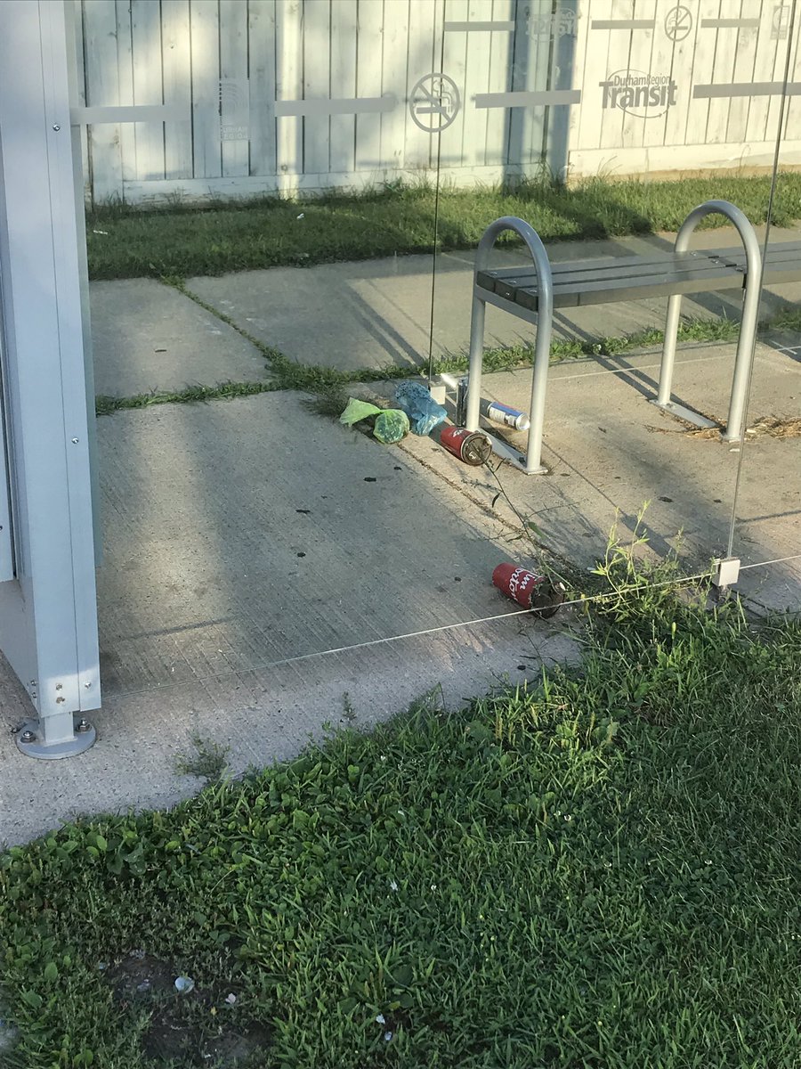 Candianeh's tweet photo. @townofwhitby @Durham_Transit do you think someone could be sent out to pick up around the bus shelter at Dryden @ Gerrard. No garbage container for at least a week. Thanks https://t.co/EFkwbUG79M