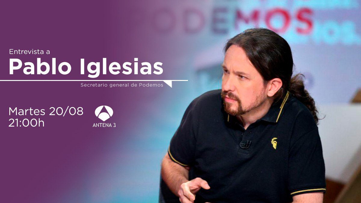 PodemLlucmajor's tweet photo. 👋 Hoy martes, Pablo Iglesias será entrevistado en el informativo de Antena 3 a las 21:00 h. Allí explicará la propuesta que hemos enviado al PSOE para retomar el diálogo.

¡Comparte para que todo el mundo pueda ver la entrevista! https://t.co/8PK0dW9QSS