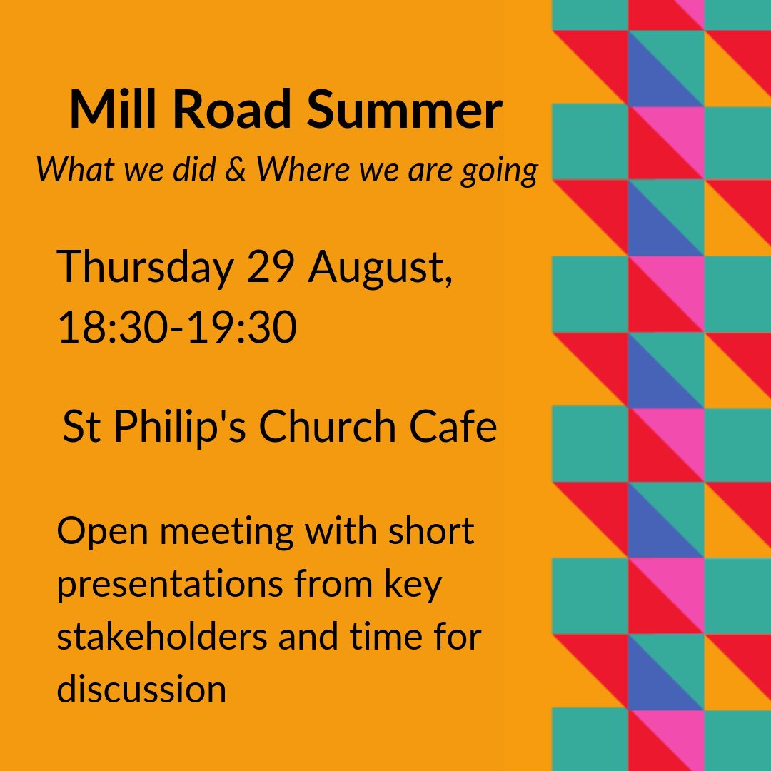 MillRoadSummer's tweet photo. Join us for the Mill Road Summer legacy meeting. Bring your experiences of Mill Road Sunmer and your thoughts about the future. Everyone is welcome! #millroadsummer #millroadcambridge #community #millroadtraders https://t.co/nv80khAGar