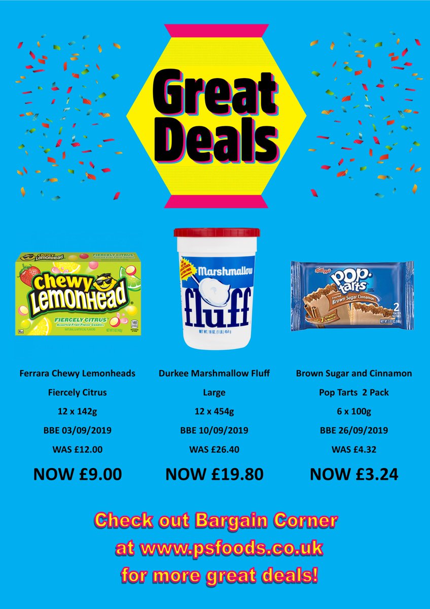 PSfoods's tweet photo. Great deals to be had at PS Foods! https://t.co/1Ow7XApnKZ
#psfoods #american #candy #americancandy #ferrara #lemonheads #durkee #marshmallowfluff #marshmallow #kelloggs #poptarts #usa #bargain #deal https://t.co/7LJdq7fi5A