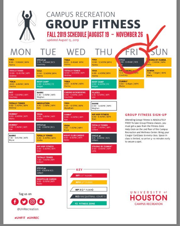 EveEsch12's tweet photo. Mark Your Calendars! @uhrecreation group fitness schedule is out! My 🚴♀️ classes will now be on Friday's at 8am. Hope to see you there #itakesongrequests https://t.co/2sd6p2mTUg