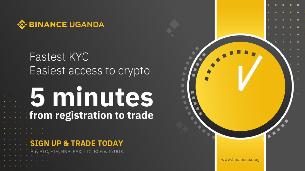 Binance.UG has now simplified the process of KYC for all users. Only 5️⃣ minutes from registration to trading!

This is the easiest way to trade crypto! Don't waste your time hesitating. Come trade today! 🙌🙌🙌

bit.ly/2NjuVaJ