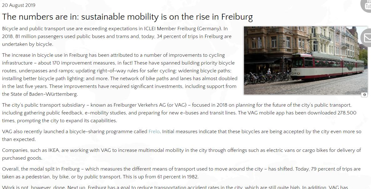ICLEI_Europe's tweet photo. #SustainableMobility is on the rise in @ICLEI_Europe Member Freiburg! Read on to learn more about how 79% of trips in @freiburg are now undertaken by pedestrians, cyclists, or public transport users: https://t.co/ycv489Lg7f https://t.co/uiNk2ZTWUh