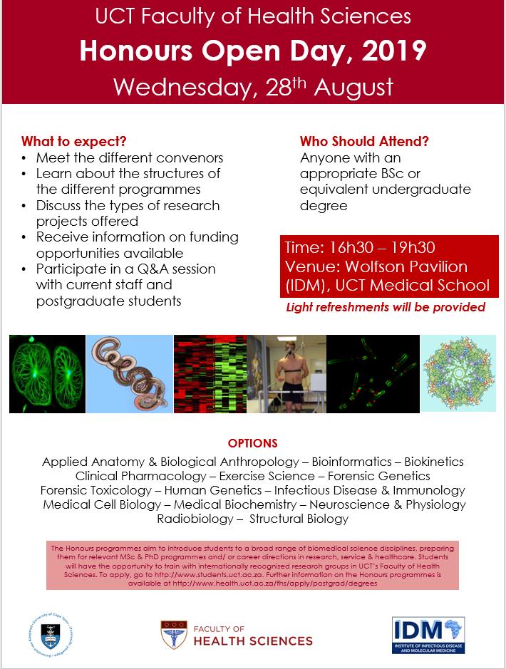 Please join us at <a href="/UCTHealthSci/">UCT Health Sciences</a> Honours Open Day on Wednesday, 28 Aug 2019, from 16:30 - 19:30. 

Don't miss out, see you there! #postgraduate #destinationUCT