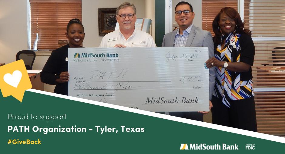 We're proud to support the PATH Organization in #Tyler TX with a $1,000 donation to help provide emergency assistance &amp; affordable housing to families. Pictured are: Alisha Hobbs, PATH Executive Director Greg Grubb,  Manager Oscar Medina and CRA Officer LaCarsha Babers. #GiveBack