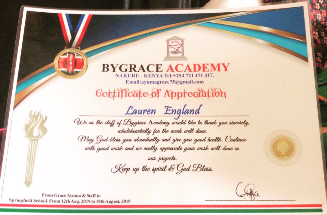 Yesterday was Lauren’s last day at ByGrace school. This was given to her and the other 9 students by the head teacher of ByGrace. <a href="/TripsInAfrica/">African Adventures</a> <a href="/GSadlerPhysio/">GarySadlerPhysio</a> @SpfldUK <a href="/designsalike/">Designs Alike</a> <a href="/AGSPortsmouth/">Andy Gas</a> <a href="/WiseHooot/">Wise Marketing</a> #Kenya