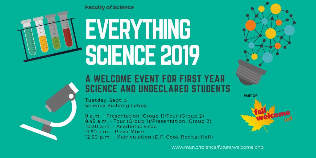 MemorialUSci's tweet photo. Are you a new student starting @MemorialU in Sept? Interested in 🌊,🧬,🔬 or🧪? Come to our welcome event, Everything Science 2019. 
Meet the dean, talk to our academic advisors &amp; reps from our student societies👩‍🔬👨‍🔬. Fun, prizes &amp; free🍕. https://t.co/upgR1bN53R