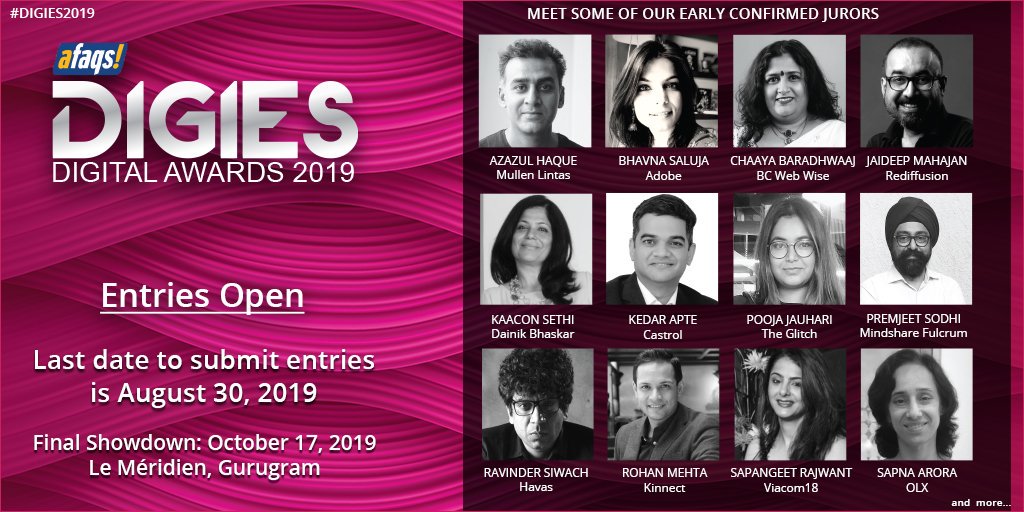 afaqs's tweet photo. Here are some of our early confirmed jurors for #DIGIES2019. Entry deadline extended until August 30, 2019.

https://t.co/fe2JlHdJ3e https://t.co/kKl87ZZJhy