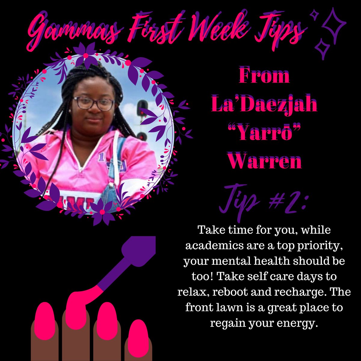 vstategammas's tweet image. 💜💕Tip #2 from your favorite ladies in pink and purple!!!☺️💕💜
#sigmalambdagamma #slg1990 #AcademicTwitter #vstate23 #vstate22 #vstate21 #vstate20 #vstate19