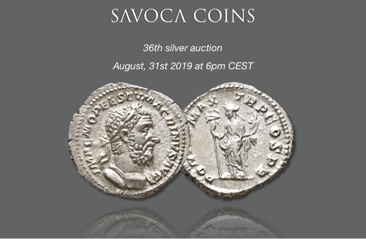 SavocaCoins's tweet photo. Our 36th silver auction is online now on https://t.co/nGWaNp8j89
Absentee bids can be placed until August, 31st 2019. The live closing is going to start at 6pm CEST.
https://t.co/4dMHnSa7Em

#auction #auctionhouse #coins #ancientcoins #rarecoins #numismatics https://t.co/Z9ed1tEUO2