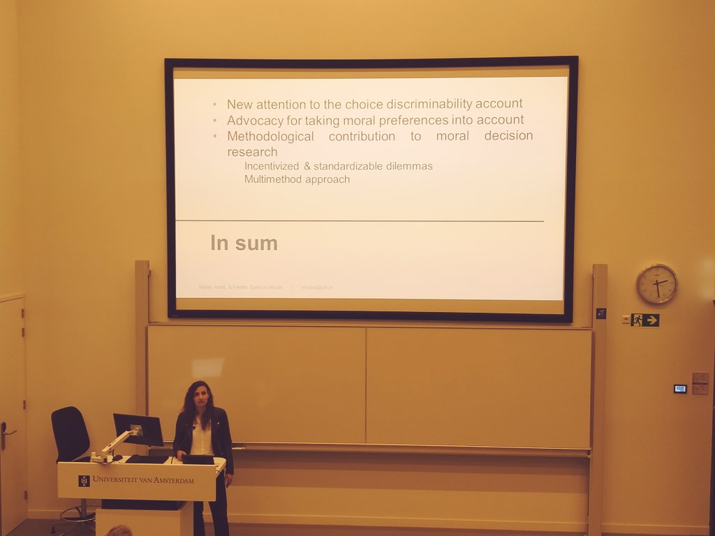 NCKobis's tweet photo. @rimamrahal presenting work with @SusannFiedler and Leonard Hoeft on the cognitive processes underlying #moraldecisionmaking. Interestingly, doentologist seem to take the consequences more into account than utilitarians. #spudm2019 https://t.co/wWbDOmMrCh