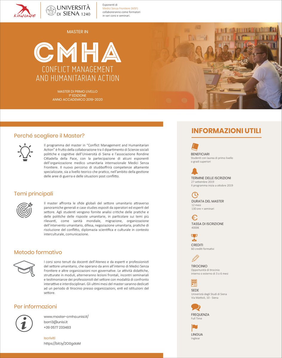 unisiena's tweet photo. Aperte fino al 27/9 le iscrizioni al #master in gestione dei #conflittiinternazionali e nell’organizzazione delle azioni umanitarie!
I corsi saranno tenuti da docenti dell’#Università di #Siena e da esperti e professionisti del settore umanitario
https://t.co/Rrq8mm9ypl https://t.co/wsCVe06Tih