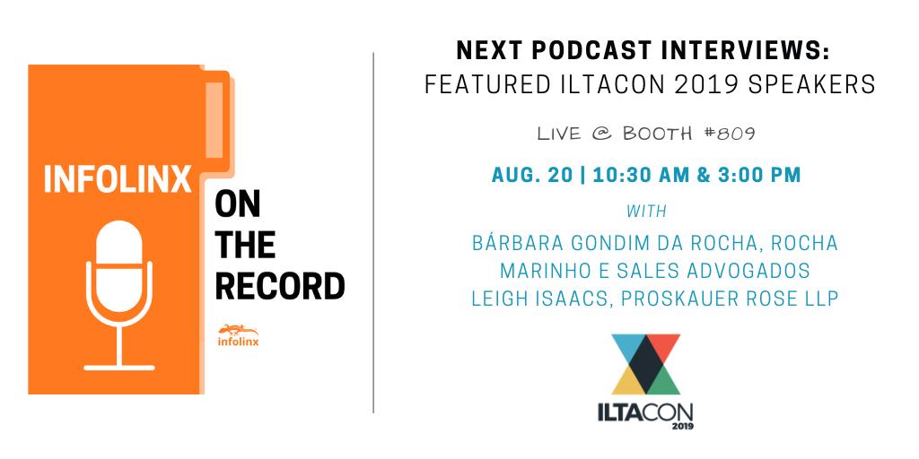 Today at #ILTACON19, we're recording live from booth #809 for our latest #podcast episode! Don't miss our interviews with conference speakers Bárbara Gondim da Rocha at today 10:30 AM and later, we'll speak with <a href="/leighisaacs/">Leigh Isaacs</a> at 3:00 PM