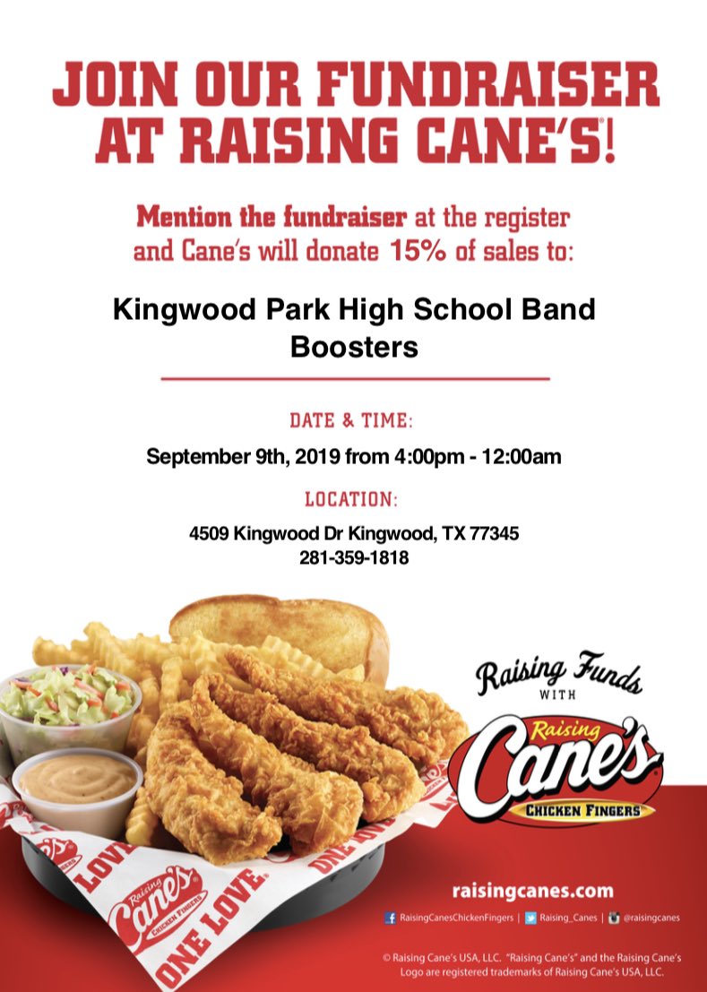 Save the Date!  Avoid making a mess in your kitchen on September 9!😉Thank you <a href="/Raising_Canes/">Raising Canes</a> Kingwood for helping the <a href="/HumbleISD_KMS/">Kingwood Middle</a> and <a href="/HumbleISD_KPHS/">Kingwood Park HS</a> band programs!🎶  Don’t for get to click the ❤️ and retweet!👍  #WeAreKPark 🐾 #KMSCougarPride 🐾