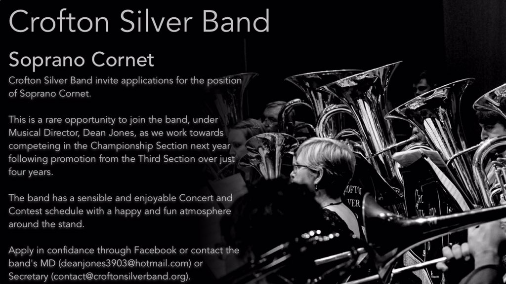 CroftonSilver's tweet photo. We are on the lookout for a Soprano Cornet player to complete the team. We’re very much looking forward to the challenge of the Championship Section next year!
Message the bands Facebook page or our MD if you’re interested.
#brassband #brass #soprano #cornet #sopranocornet https://t.co/sHS48CSaTG