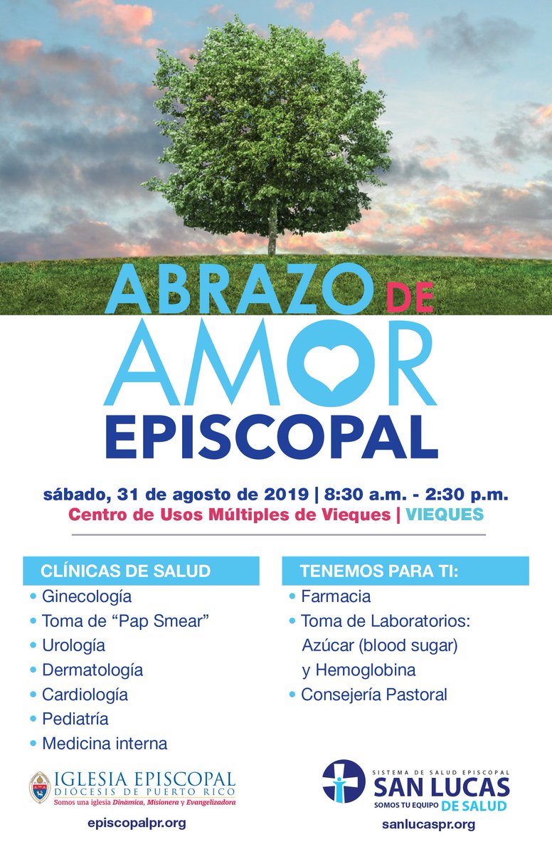 EpiscopalPR's tweet photo. Te invitamos a nuestro Abrazo de Amor Episcopal el sábado, 31 de agosto en el Centro de Usos Múltiples de Vieques a partir de las 8:30 a.m. Clínicas de Salud, Laboratorios y más ¡Te esperamos! https://t.co/rzDWRz5ZFj