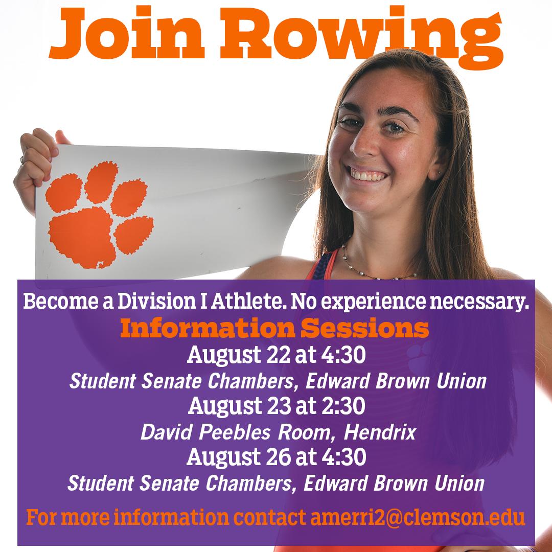 ClemsonRowing's tweet photo. Don't forget! The first info session is tomorrow at 4:30 #JoinRowing https://t.co/n1kcC972qv