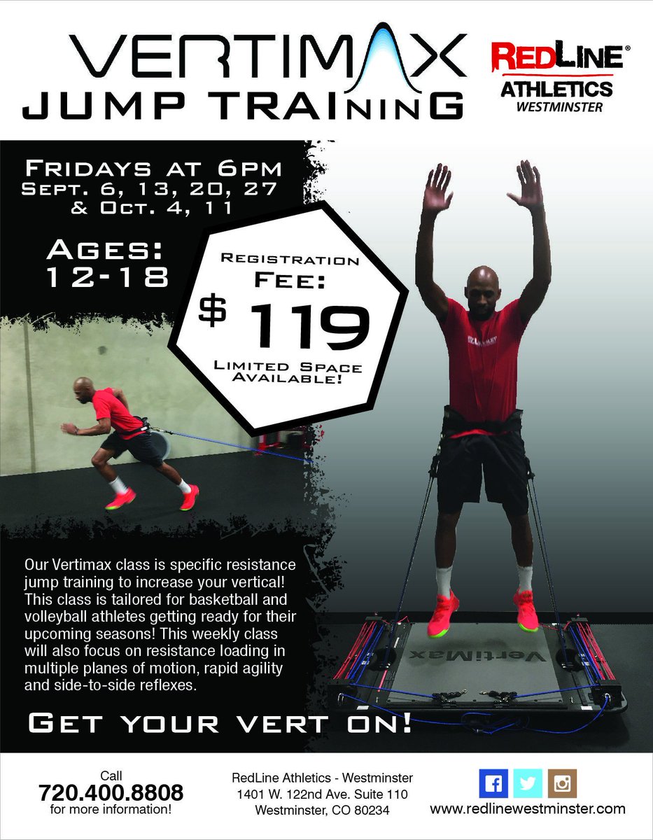 WestyRedline's tweet photo. Excited to announce that we will be providing a Vertimax class to help our athletes improve their vertical leap! Come join us every Friday at 6 PM throughout September and into October! #VerticalLeap #Basketball #Volleyball #RedLineWestminster https://t.co/tbylvzHoil