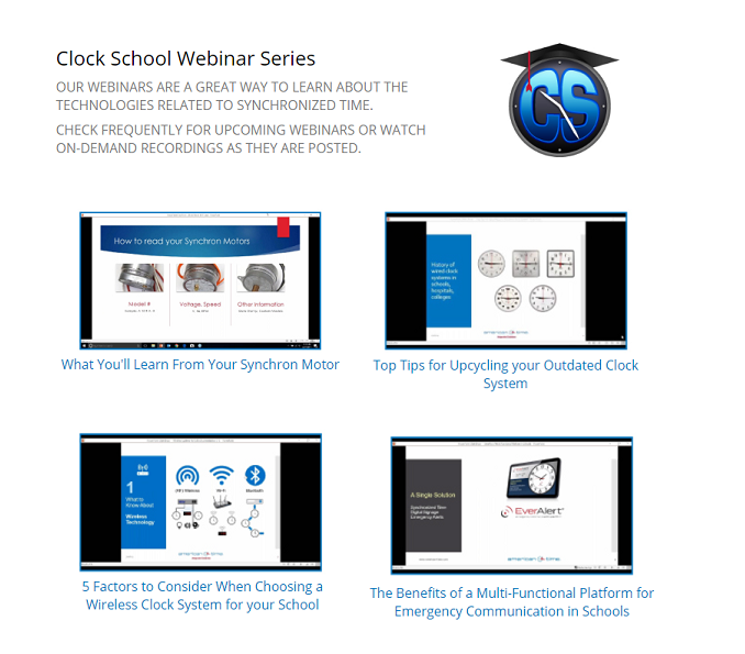 atsclock's tweet image. On-demand webinars get you what you need to know, fast! Latest topics include: What to Consider when Choosing a Wireless Clock System for your School; Tips for Working with Synchron Motors; and more! hubs.ly/H0kkJ6l0 #timetech #clocks #schooltech