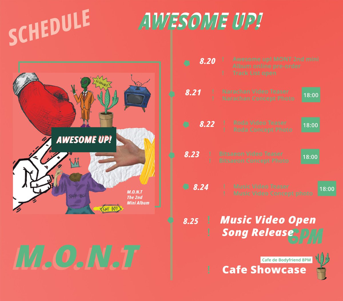 Mont_India's tweet photo. Finally! Schedule and tracklist for the upcoming 2nd mini album 'Awesome Up!' on 25th August with the title track 가위바위보 .

#Mont #Mint #Narachan #Roda #Bitsaeon #JungHyunwoo #KimSangyeon #ShinJoongmin #몬트 #민트 #나라찬 #로다 #빛새온 #정현우 #김상연 #신중민 #SupportMont https://t.co/ohBU8UntQm