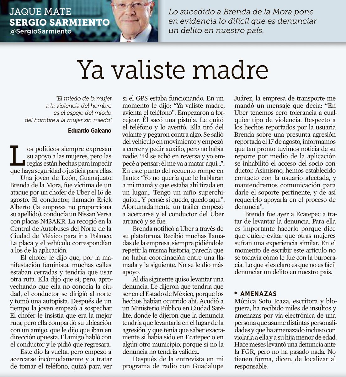 JLozanoA's tweet photo. Dos historias de la brutal violencia de género contra las mujeres nos relata hoy @SergioSarmiento en @Reforma. Qué rabia y cuánta impotencia. 

#NiUnaMás https://t.co/VVGfNLXFXi