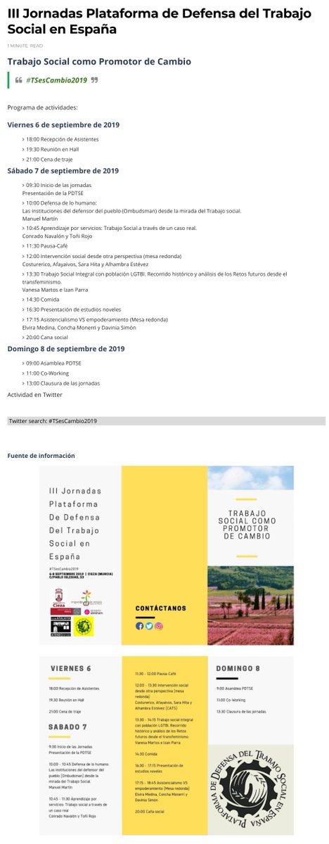 TScontigo's tweet photo. III Jornadas Plataforma de Defensa del Trabajo Social en España
Trabajo Social como Promotor de Cambio
 #TSesCambio2019

Lugar: Cieza, Murcia
C/Pablo Iglesias 53

Programa de actividades compartidas en https://t.co/kPVjw7F4SS https://t.co/c6T4GoKF0F