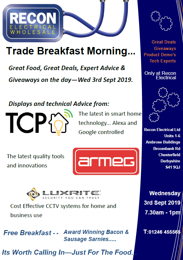 Breakfast Morning Tue 3rd Sept... 
Smart Home Automation...
Great on the day deals from: 
#TCPSmart 
<a href="/armeguk/">Armeg</a>
<a href="/LuxriteSecurity/">Luxrite Security</a>

7.30am to 1pm.
#electrician #electrical #contractors