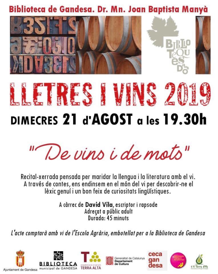 [AGENDA] Biblioteques amb DO a <a href="/BiblioGandesa/">Biblioteca Gandesa</a>, demà al vespre #vins #cultura #terraalta #rutadelvi