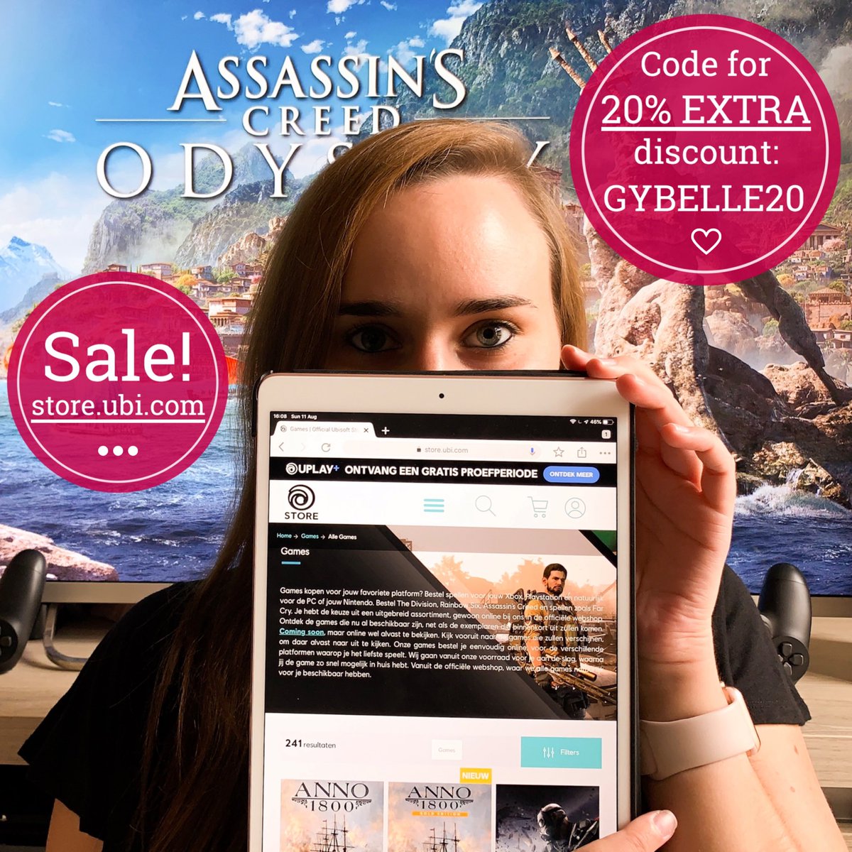 MichelleGybels's tweet photo. HOORAY!! Gamescom Sales have started @ Ubisoft (https://t.co/kS21E1miCy). Use GYBELLE20 for 20% EXTRA discount (adds up on current sale 🤩, but only valid in Benelux). 
  @ubisoftbe #ubisoft #gamescom #gamescom2019 #videogames https://t.co/q4MTNcFe1K