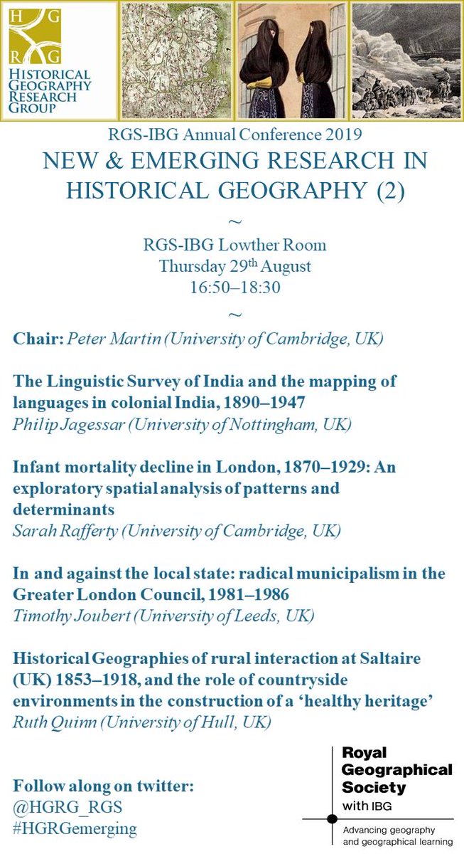 We have a great line up of speakers at this year's @HGRG_RGS New & Emerging sessions! Join @EdArmston & myself in the Lowther Room on Thursday 29th for an exciting double session showcasing the diversity of early career #histgeog! Hope to see you there! @RGS_IBGhe #RGSIBG19