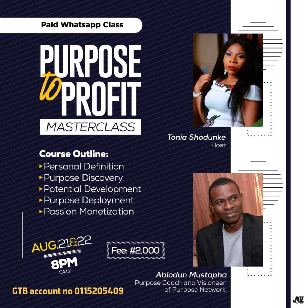 ToniaShodunke's tweet photo. #ThinkPurpose #ThinkFINANCIAL FREEDOM
Register for the Purpose To Profit Masterclass. Pay 2k into GTB 0115205409, then send msg to 08036511246 to be added to the class.
Be Deliberate and purpose driven to achieve maximum success in life!!! https://t.co/VfMF5yqPDE