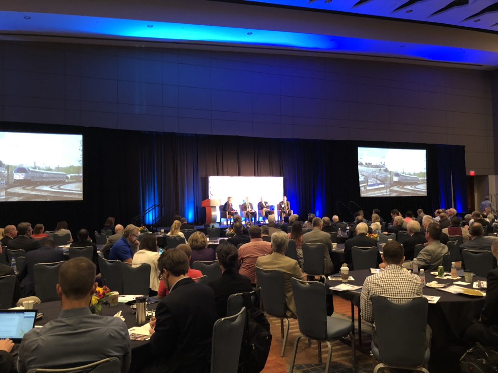 NCRailroad's tweet photo. Conversation regarding sharing rail corridors with freight and Amtrak, first and last mile challenges and engaging public officials in commuter rail discussions during the Commuter Rail Panel at #progressinmotion2019 @RideSunRail @VaRailXpress @TrinityMetro https://t.co/vJ5Ub0AqSZ