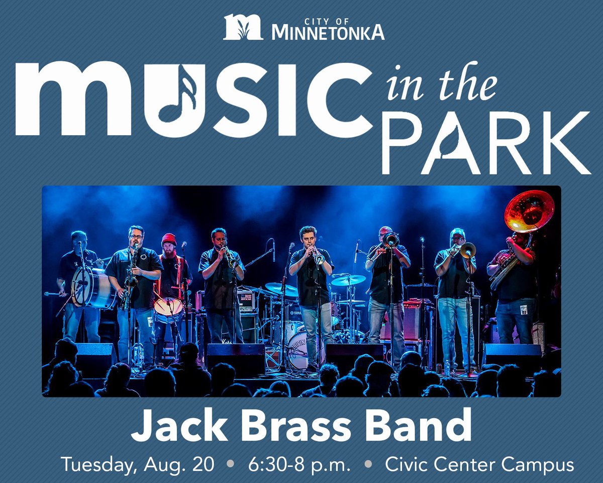The @jackbrassband brings its feel-good, New Orleans vibe to #Minnetonka Music in the Park tonight at 6:30 p.m.! Bring your dancin’ shoes! 💃🕺🎺🎷🥁🎵

Learn more at eminnetonka.com/summerevents20… and jackbrassband.com
