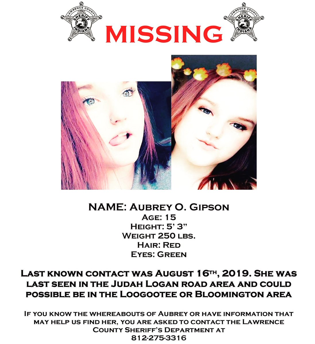 LawrenceCoPD_IN's tweet photo. We need your help locating Aubrey. If you have information regarding her whereabouts, you are urged to contact us at 812-275-3316 #missing #indiana #lawrencecountyindiana #sheriff #indiana #myLCPD https://t.co/eX56Lu3ZHg