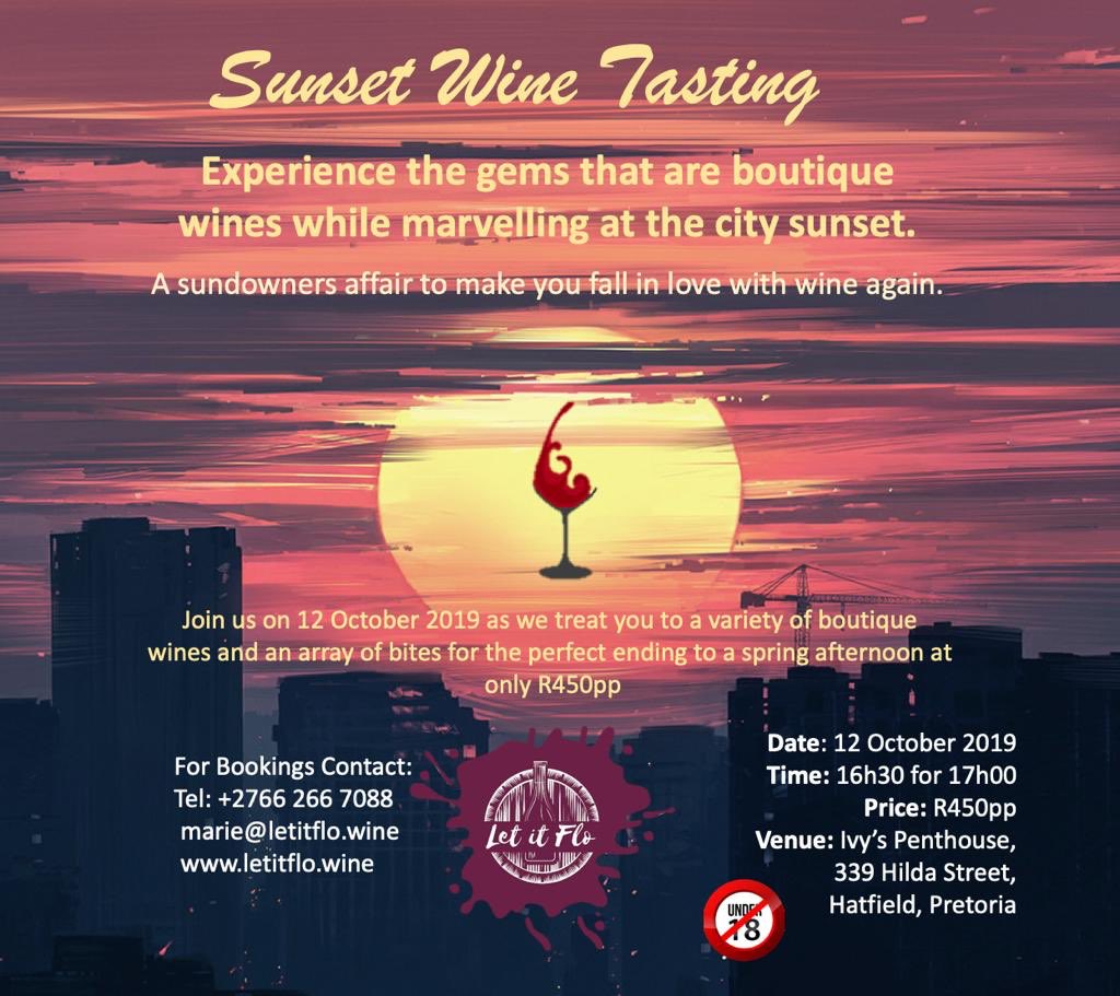 letitflowinex's tweet photo. It’s here!! The love affair you have been waiting for!!  Book your early bird special until 31 August 2019 for only R395. #LetItFlo #TheWineLife #LoveWine #winetasting #sundowners #citysunset #winelove 🍷🍾🥂❣️🍇 https://t.co/we051u1vhg