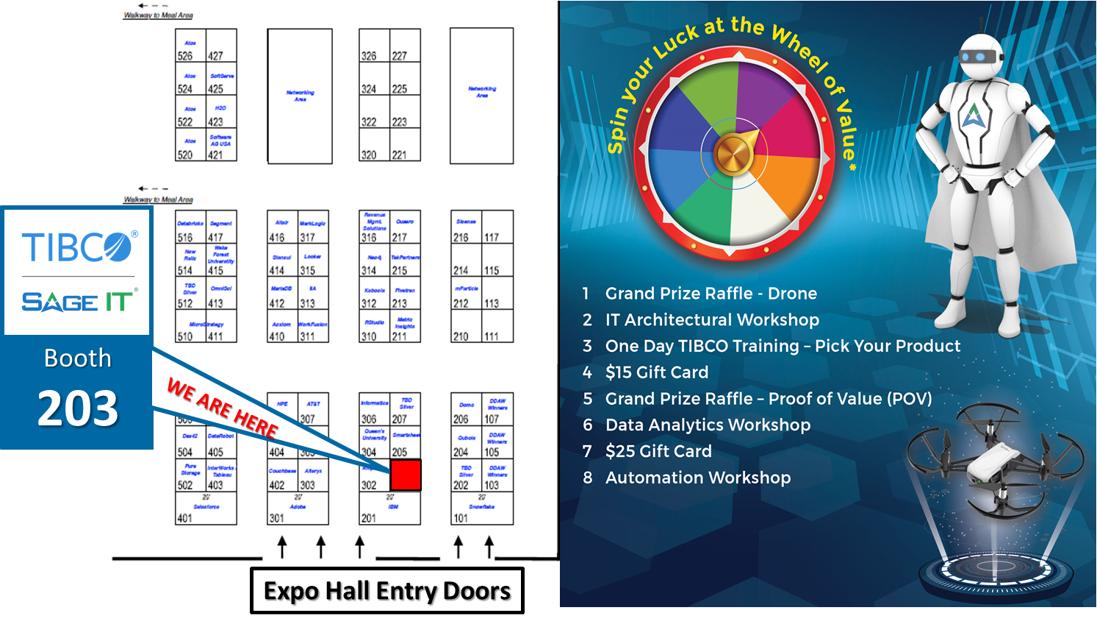 SageITInc's tweet photo. Who doesn’t love free swag? Like winning a #drone? Experience a stroke of serendipity with a FREE Proof of Concept as Grand Prize by spinning the Wheel of Value at our @TIBCO-@SageIT Booth #203 at @DDAConference. #ddaconference #ddac2019 #disneyanalytics #disney #sageit #tibco https://t.co/kDxigBXpqV