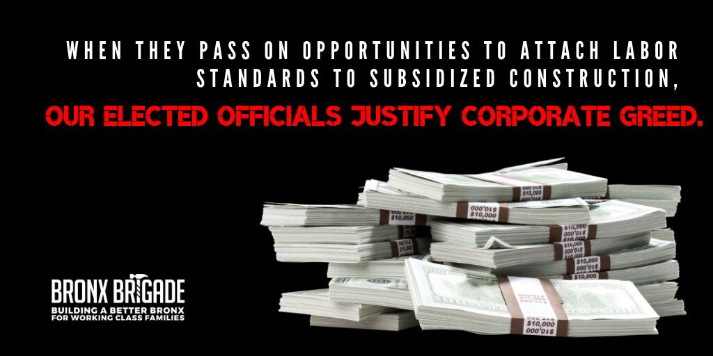 BXBrigade's tweet image. Join us in demanding that our elected officials guarantee quality labor standards on all subsidized development. 

What are you doing to stop the for-profit affordable housing industry from receiving public money without labor standards @rubendiazjr?

#BetterCareers #BetterBronx