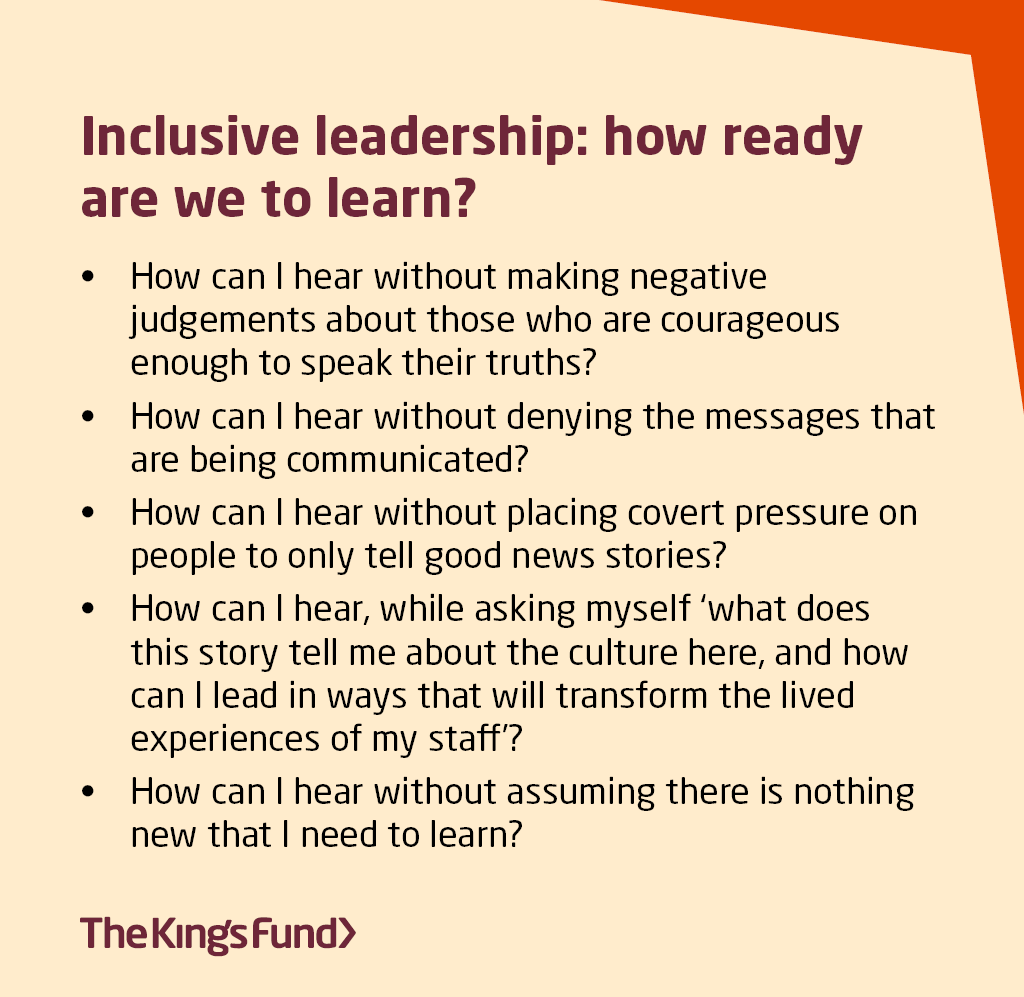 TheKingsFund's tweet photo. 'Listening with humility and humanity is the first and most important attitude shift that must therefore take place.' @TracieJolliff explores some key questions around inclusive leadership: https://t.co/4tPUiTGq6V https://t.co/9Y4CUk1GyN