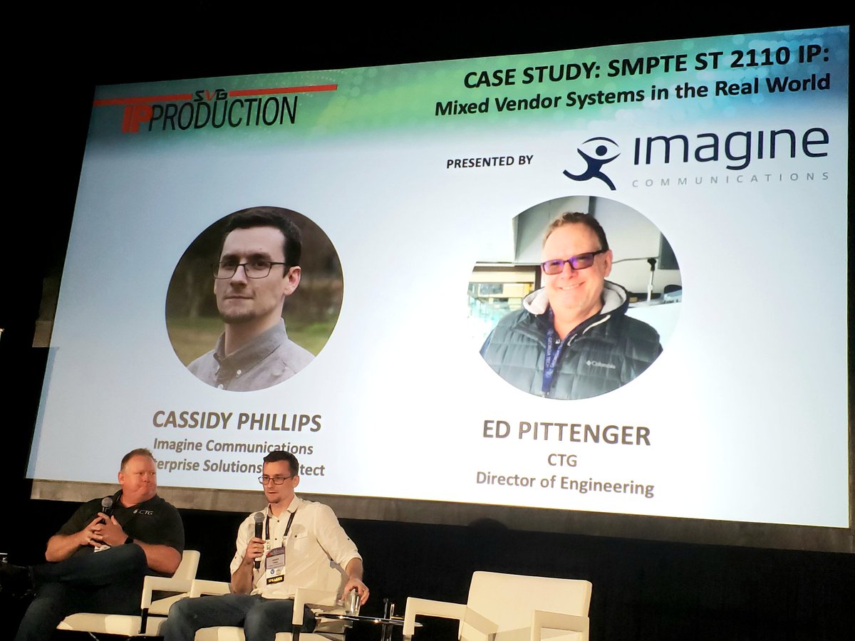 carriebowden's tweet photo. Cassidy Phillips @Imagine_Comms & Ed Pittenger @CTG_Atlanta present a collaborative mixed vendor COTS-based ST 2110 IP control room solution for @FiservForum case study @ #SVGip https://t.co/RcLnvQ3Ynr