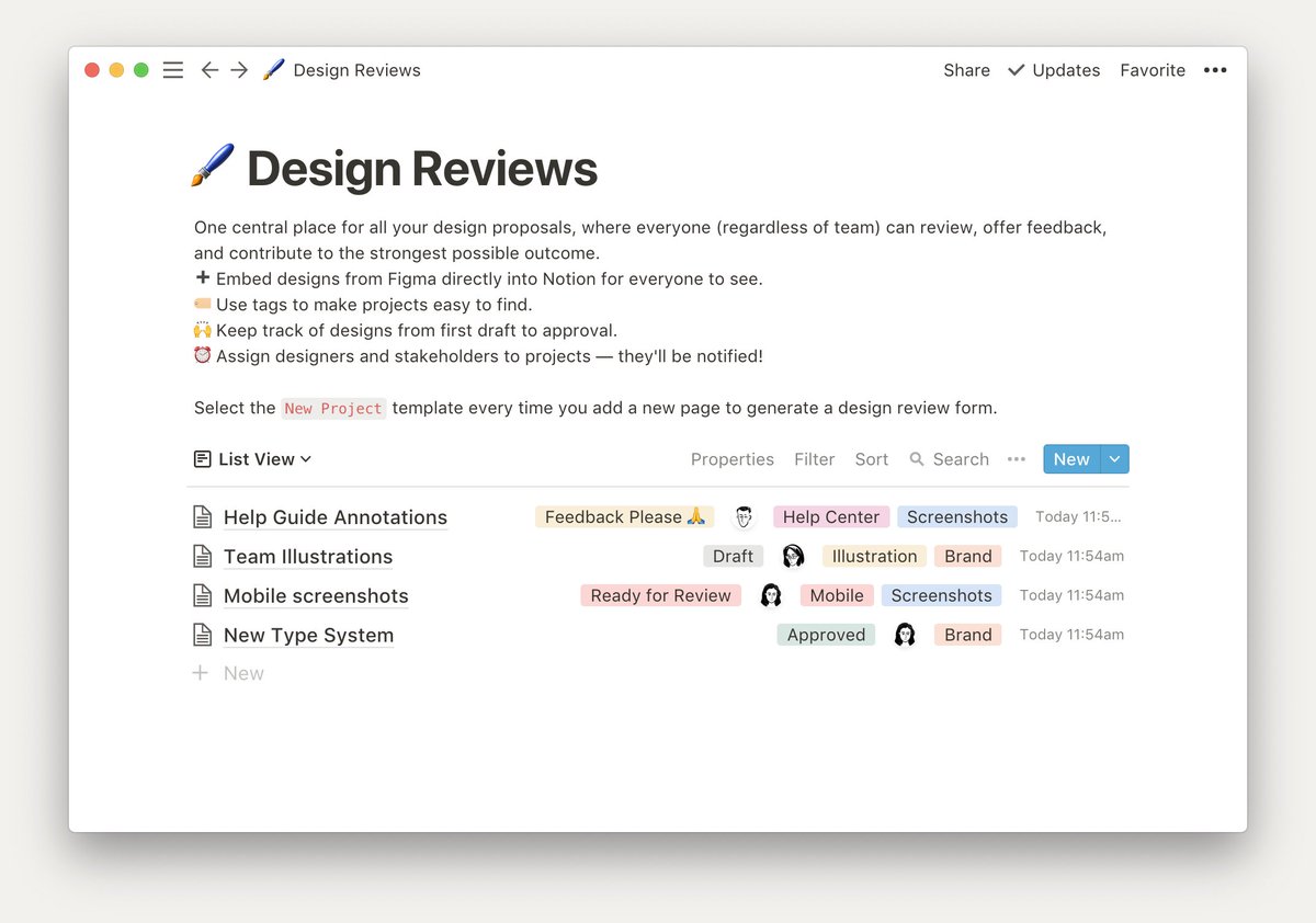Screenshot of the Notion x Figma Design Reviews Template. A List View database with multiple design projects that need feedback from teammates.