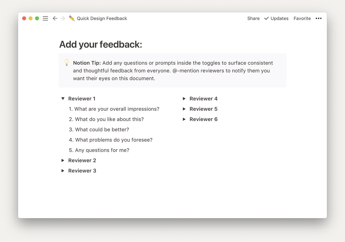 Screenshot of the Notion x Figma Quick Design Feedback template. Toggle blocks are used to keep feedback private.