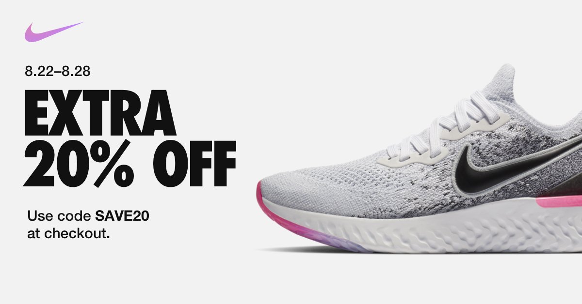 Nike on Twitter: "Gear up with an extra 20% off all sale items 8.22–8.28. Use code checkout. https://t.co/EqURsxZCgl" Twitter