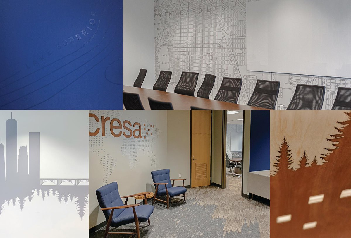 Cresa Minneapolis was renovating their HQ in the Twin Cities and came to us to energize their office space. Our goal was to infuse the local Minnesota personality within the global brand through local materials, textures and graphics, giving Cresa a new sense of place.
