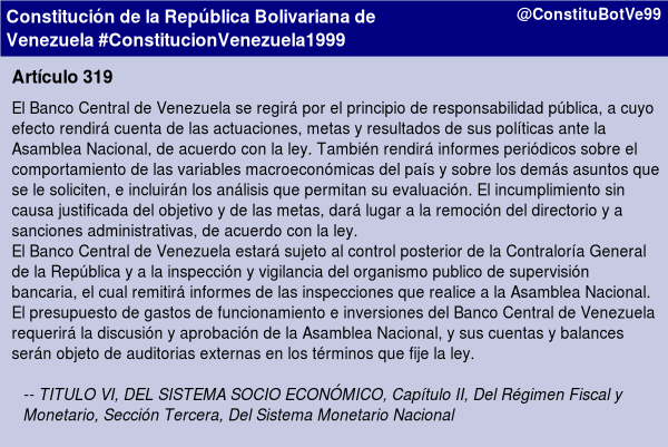 FCastrobe's tweet photo. ESCLARECEDOR Dip .@ricarponte el Directorio del #BCV desde el año 2006 INCUMPLE el mandato expreso #CRBV establecido en el #Art320 "..No podrá..financiar políticas fiscales deficitarias.." Para recuperar la #Economía es IMPRESCINDIBLE APLICAR lo previsto en #Constitucion
#Art319 https://t.co/T6tArXsT6G