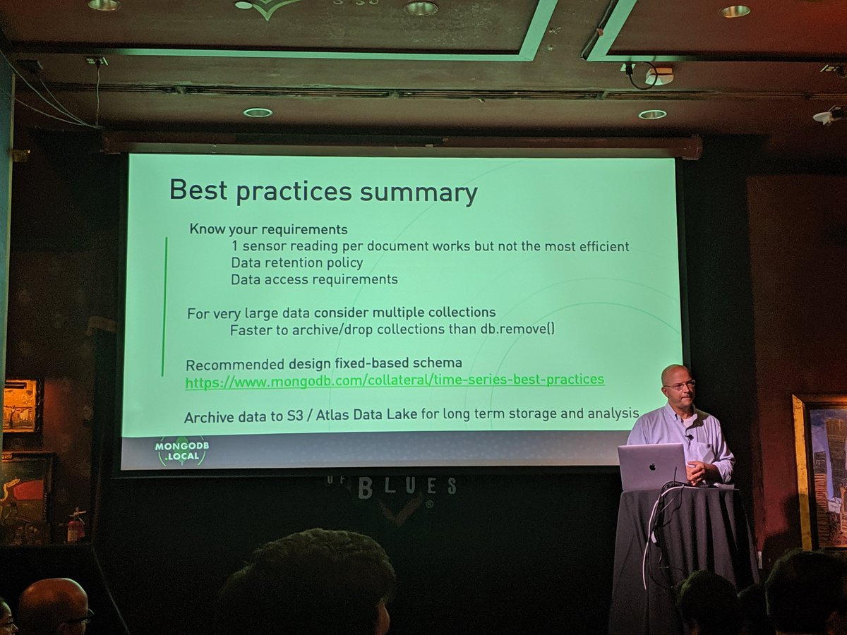 Tevpro's tweet photo. Great presentation by @RobsCranium on the #bestpractices in working with IoT and time-series data in #MongoDB https://t.co/Snz9bGqqG2